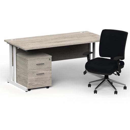 Impulse 1600mm Straight Office Desk Grey Oak Top White Cantilever Leg with 2 Drawer Mobile Pedestal and Chiro Medium Back Black