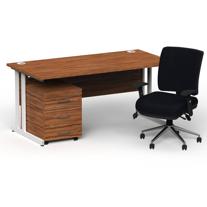 Impulse 1600mm Straight Office Desk Walnut Top White Cantilever Leg with 3 Drawer Mobile Pedestal and Chiro Medium Back Black