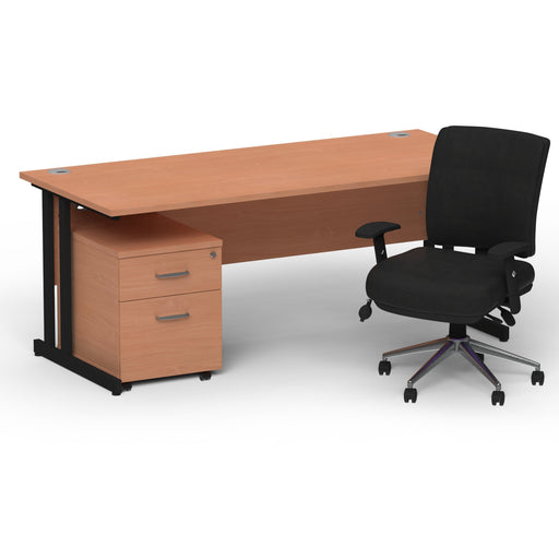 Impulse 1600mm Straight Office Desk Beech Top Black Cantilever Leg with 2 Drawer Mobile Pedestal and Chiro Medium Back Black