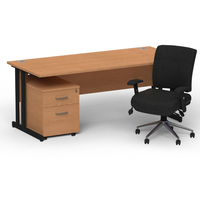 Impulse 1600mm Straight Office Desk Oak Top Black Cantilever Leg with 2 Drawer Mobile Pedestal and Chiro Medium Back Black