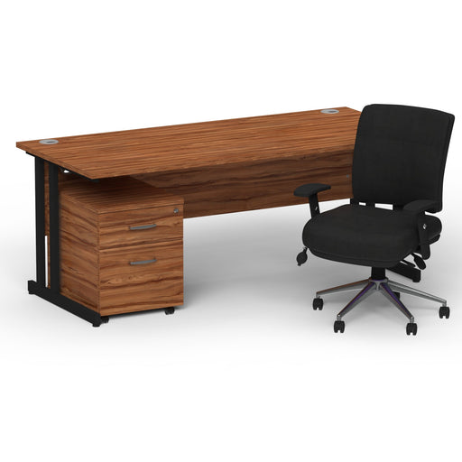 Impulse 1600mm Straight Office Desk Walnut Top Black Cantilever Leg with 2 Drawer Mobile Pedestal and Chiro Medium Back Black