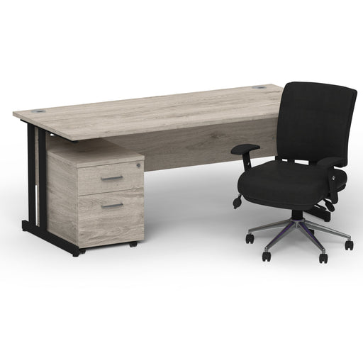 Impulse 1600mm Straight Office Desk Grey Oak Top Black Cantilever Leg with 2 Drawer Mobile Pedestal and Chiro Medium Back Black