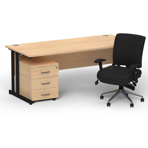 Impulse 1600mm Straight Office Desk Maple Top Black Cantilever Leg with 3 Drawer Mobile Pedestal and Chiro Medium Back Black