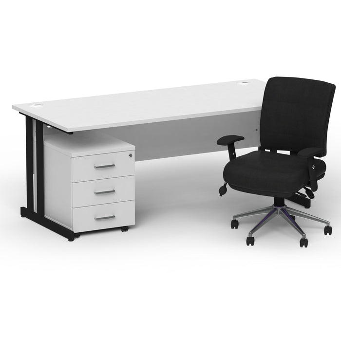 Impulse 1600mm Straight Office Desk White Top Black Cantilever Leg with 3 Drawer Mobile Pedestal and Chiro Medium Back Black