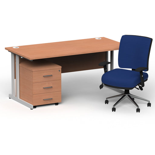 Impulse 1600mm Straight Office Desk Beech Top Silver Cantilever Leg with 3 Drawer Mobile Pedestal and Chiro Medium Back Blue