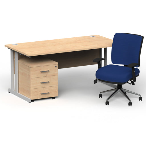 Impulse 1600mm Straight Office Desk Maple Top Silver Cantilever Leg with 3 Drawer Mobile Pedestal and Chiro Medium Back Blue