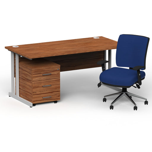 Impulse 1600mm Straight Office Desk Walnut Top Silver Cantilever Leg with 3 Drawer Mobile Pedestal and Chiro Medium Back Blue