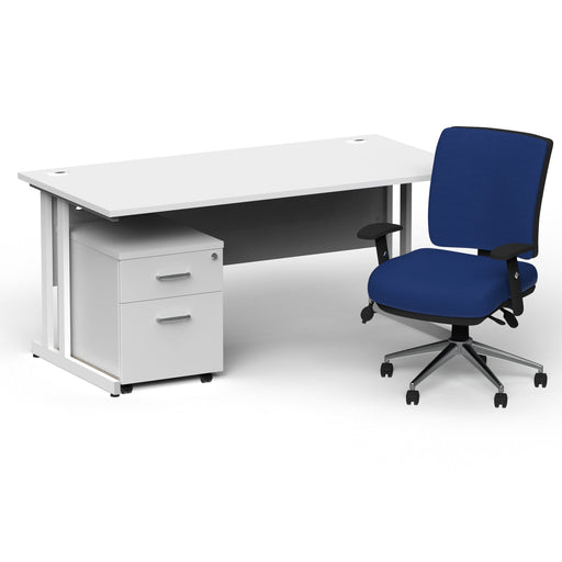 Impulse 1600mm Straight Office Desk White Top White Cantilever Leg with 2 Drawer Mobile Pedestal and Chiro Medium Back Blue