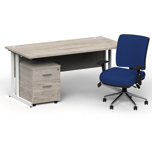 Impulse 1600mm Straight Office Desk Grey Oak Top White Cantilever Leg with 2 Drawer Mobile Pedestal and Chiro Medium Back Blue