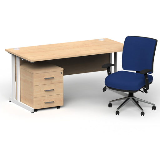 Impulse 1600mm Straight Office Desk Maple Top White Cantilever Leg with 3 Drawer Mobile Pedestal and Chiro Medium Back Blue