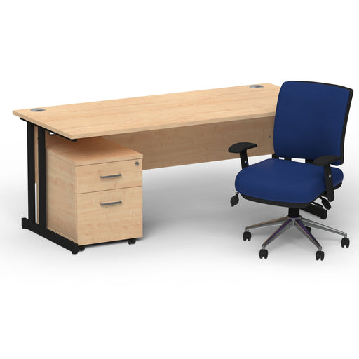 Impulse 1600mm Straight Office Desk Maple Top Black Cantilever Leg with 2 Drawer Mobile Pedestal and Chiro Medium Back Blue