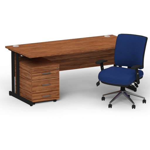 Impulse 1600mm Straight Office Desk Walnut Top Black Cantilever Leg with 3 Drawer Mobile Pedestal and Chiro Medium Back Blue