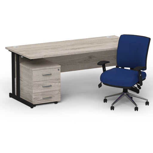 Impulse 1600mm Straight Office Desk Grey Oak Top Black Cantilever Leg with 3 Drawer Mobile Pedestal and Chiro Medium Back Blue