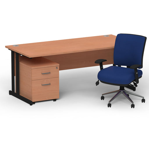 Impulse 1800mm Straight Office Desk Beech Top Black Cantilever Leg with 2 Drawer Mobile Pedestal and Chiro Medium Back Blue