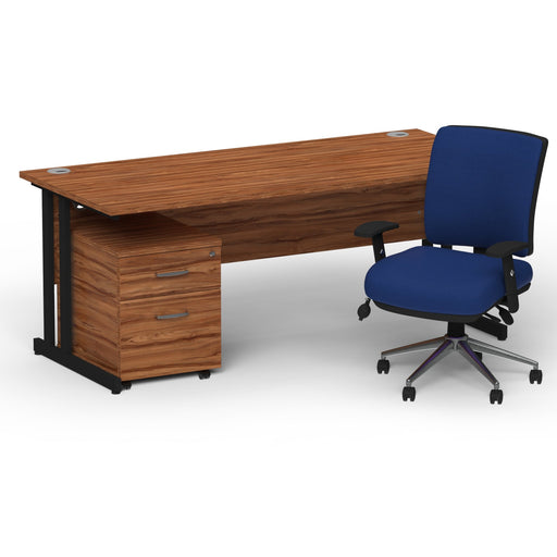 Impulse 1800mm Straight Office Desk Walnut Top Black Cantilever Leg with 2 Drawer Mobile Pedestal and Chiro Medium Back Blue