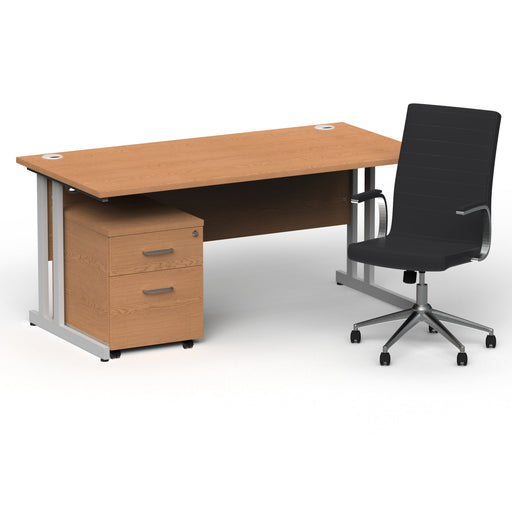 Impulse 1600mm Straight Office Desk Oak Top Silver Cantilever Leg with 2 Drawer Mobile Pedestal and Ezra Black