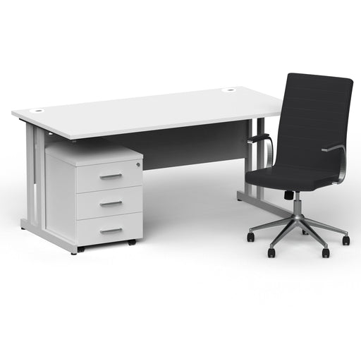 Impulse 1600mm Straight Office Desk White Top Silver Cantilever Leg with 3 Drawer Mobile Pedestal and Ezra Black