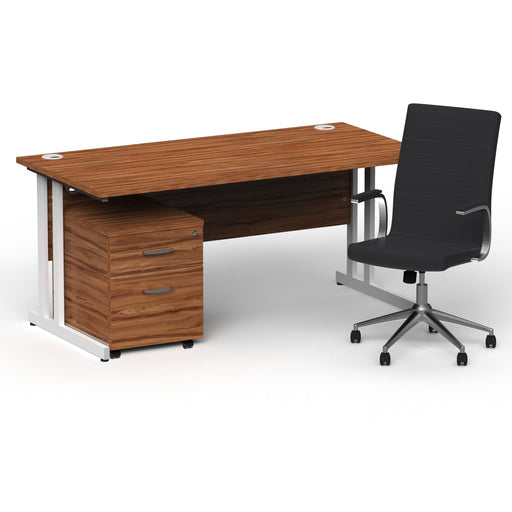 Impulse 1600mm Straight Office Desk Walnut Top White Cantilever Leg with 2 Drawer Mobile Pedestal and Ezra Black