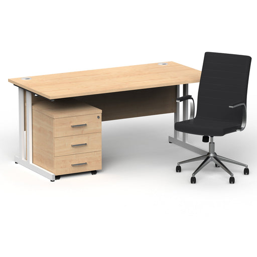 Impulse 1600mm Straight Office Desk Maple Top White Cantilever Leg with 3 Drawer Mobile Pedestal and Ezra Black