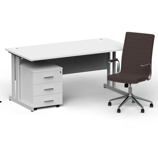 Impulse 1600mm Straight Office Desk White Top Silver Cantilever Leg with 3 Drawer Mobile Pedestal and Ezra Brown