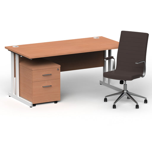 Impulse 1600mm Straight Office Desk Beech Top White Cantilever Leg with 2 Drawer Mobile Pedestal and Ezra Brown