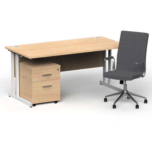 Impulse 1600mm Straight Office Desk Maple Top White Cantilever Leg with 2 Drawer Mobile Pedestal and Ezra Grey