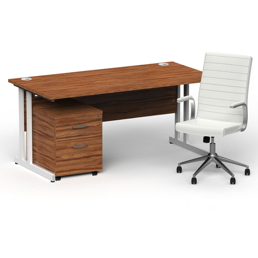 Impulse 1600mm Straight Office Desk Walnut Top White Cantilever Leg with 2 Drawer Mobile Pedestal and Ezra White