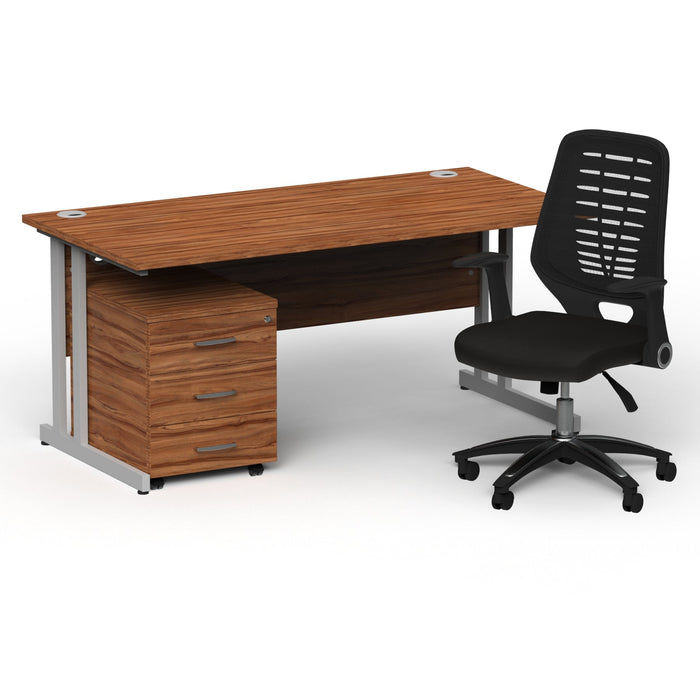 Impulse 1600mm Cantilever Straight Desk With Mobile Pedestal and Relay Black Back Operator Chair