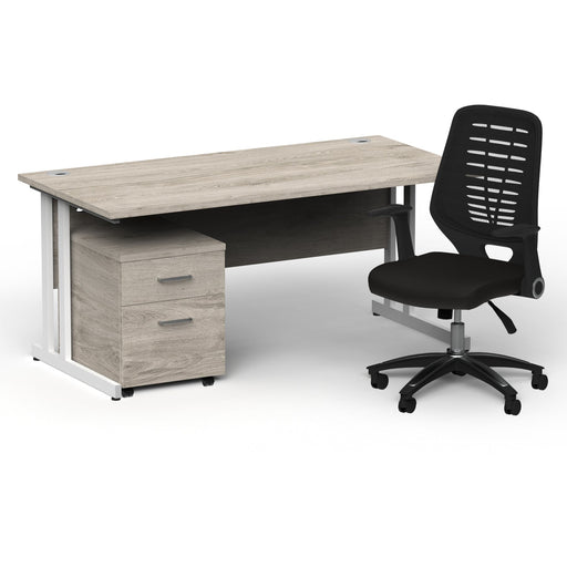 Impulse 1600mm Straight Office Desk Grey Oak Top White Cantilever Leg with 2 Drawer Mobile Pedestal and Relay Black Back