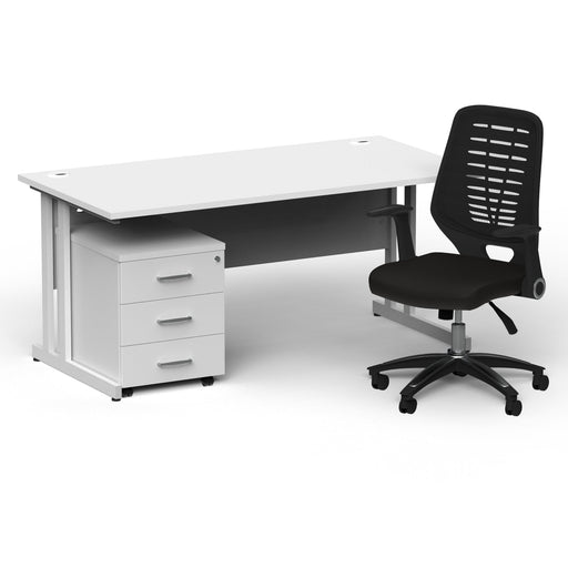 Impulse 1600mm Straight Office Desk White Top White Cantilever Leg with 3 Drawer Mobile Pedestal and Relay Black Back