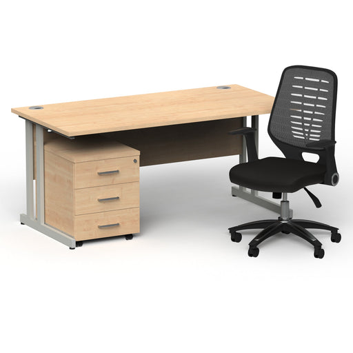 Impulse 1600mm Straight Office Desk Maple Top Silver Cantilever Leg with 3 Drawer Mobile Pedestal and Relay Silver Back