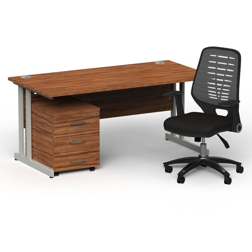 Impulse 1600mm Straight Office Desk Walnut Top Silver Cantilever Leg with 3 Drawer Mobile Pedestal and Relay Silver Back