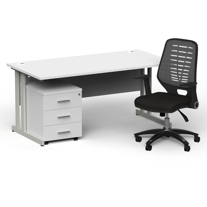 Impulse 1600mm Cantilever Straight Desk With Mobile Pedestal and Relay Silver Back Operator Chair