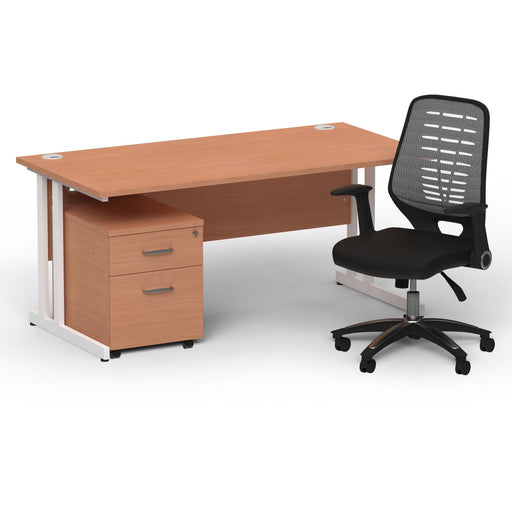 Impulse 1600mm Straight Office Desk Beech Top White Cantilever Leg with 2 Drawer Mobile Pedestal and Relay Silver Back