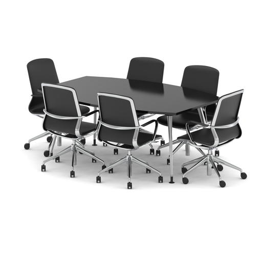 High Gloss 1800mm Writable Boardroom Table Black Top with Set of Six Lucia Executive Chairs Chrome Frame