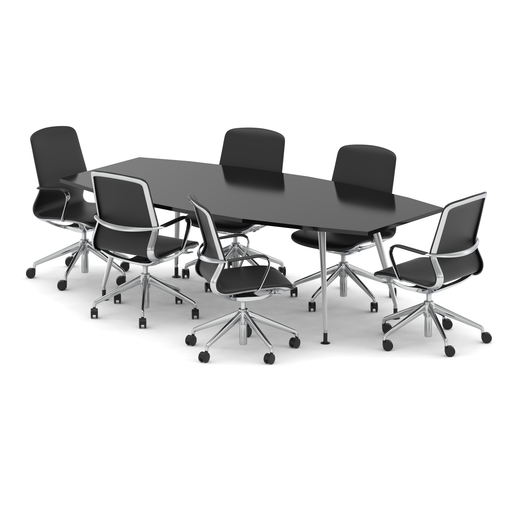 High Gloss 2400mm Writable Boardroom Table Black Top with Set of Six Lucia Executive Chairs Chrome Frame