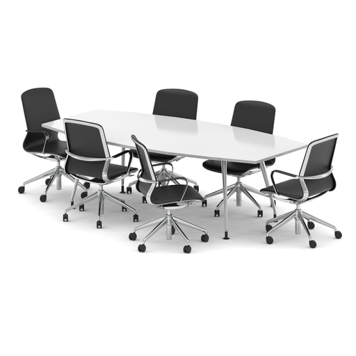 High Gloss 2400mm Writable Boardroom Table White Top with Set of Six Lucia Executive Chairs Chrome Frame