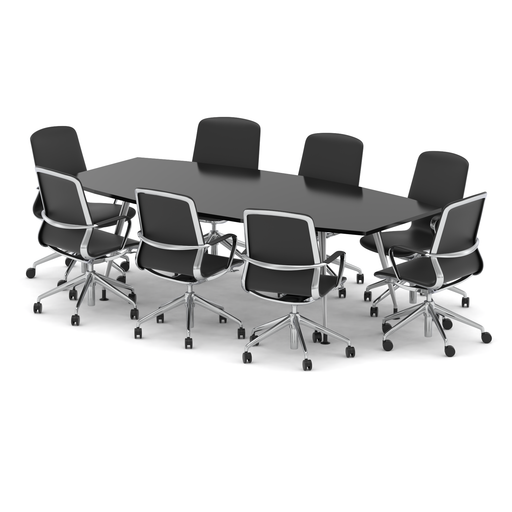 High Gloss 2400mm Writable Boardroom Table Black Top with Set of Eight Lucia Executive Chairs Chrome Frame