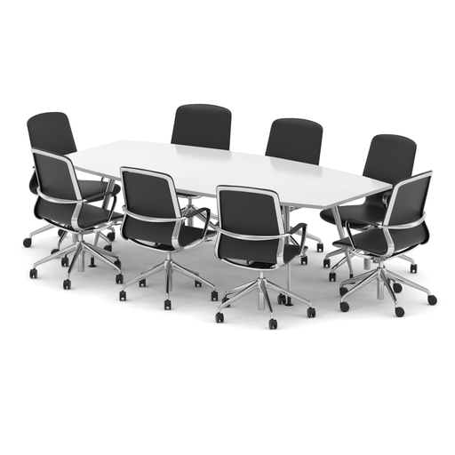 High Gloss 2400mm Writable Boardroom Table White Top with Set of Eight Lucia Executive Chairs Chrome Frame