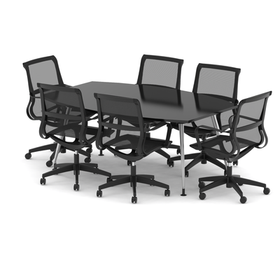 High Gloss 1800mm Writable Boardroom Table Black Top with Set of Six Lula Mesh Chairs