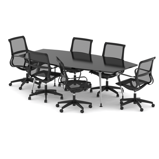 High Gloss 2400mm Writable Boardroom Table Black Top with Set of Six Lula Mesh Chairs