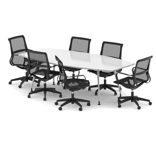 High Gloss 2400mm Writable Boardroom Table White Top with Set of Six Lula Mesh Chairs