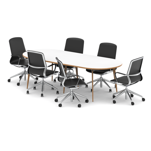 Oslo 2400mm Oval Boardroom Table White Top Natural Wood Edge White Frame with Set of Six Lucia Executive Chairs Chrome Frame