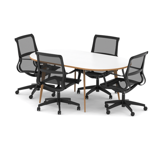 Oslo 1800mm Oval Boardroom Table White Top Natural Wood Edge White Frame with Set of Four Lula Mesh Chairs