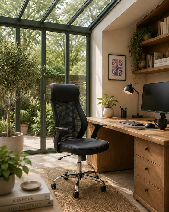 OE - Baye High Mesh Back Task Operator Black Leather Office Chair with Arms