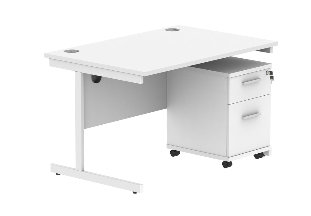 Single Upright Rectangular Desk + 2 Drawer Mobile Under Desk Pedestal (FSC) | 1200 X 800 | Arctic White/White