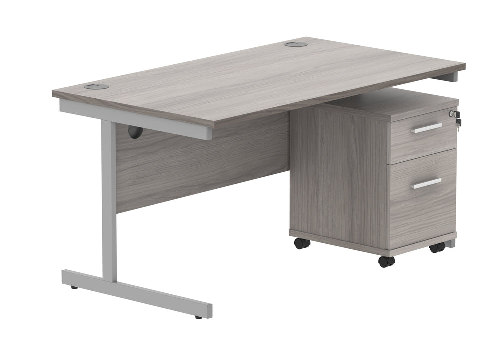 Single Upright Rectangular Desk + 2 Drawer Mobile Under Desk Pedestal (FSC) | 1400 X 800 | Alaskan Grey Oak/Silver