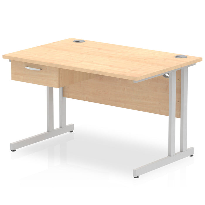 Impulse Cantilever Straight Desk Silver Frame With Single One Drawer Fixed Pedestal