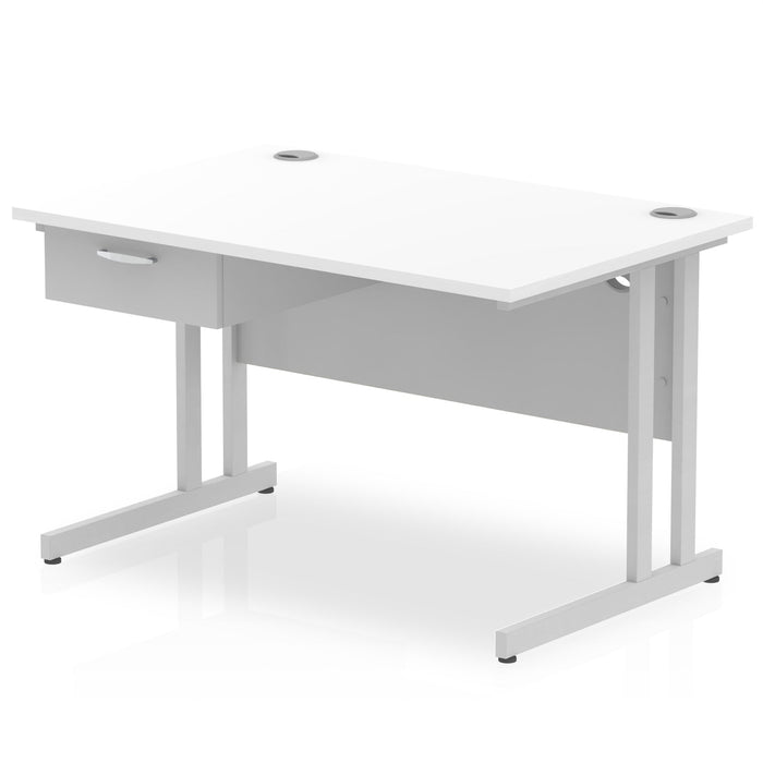 Impulse Cantilever Straight Desk Silver Frame With Single One Drawer Fixed Pedestal