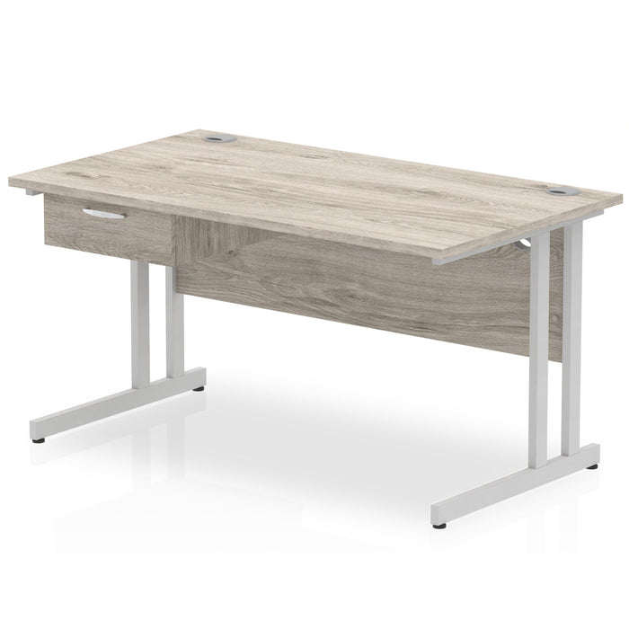 Impulse Cantilever Straight Desk Silver Frame With Single One Drawer Fixed Pedestal